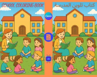 May include: A colorful illustration of a school scene. A teacher reads a book to a group of children sitting on the grass. The words "SCHOOL COLORING BOOK" are at the top. The background features a school building.