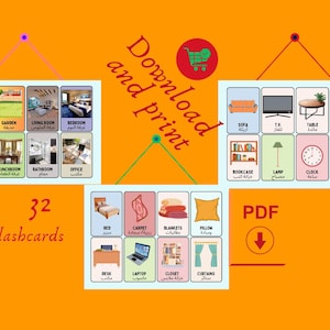 May include: A set of 32 colorful flashcards featuring illustrations of various household items and furniture, including a house, garden, living room, bedroom, kitchen, lunchroom, bathroom, office, sofa, TV, table, armchair, bookcase, lamp, clock, vase, bed, carpet, blankets, pillow, desk, laptop, closet, and curtains. The flashcards are labeled with the English word and the Arabic translation for each item.