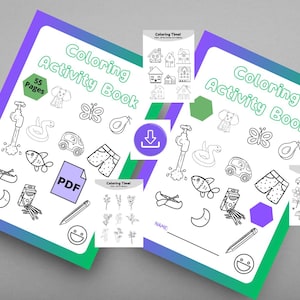 Peut inclure: Deux cahiers d'activités de coloriage avec un fond blanc et une bordure verte et violette. La couverture indique "Coloring Activity Book" avec divers dessins au trait d'objets. Comprend une icône PDF et le texte "55 Pages".