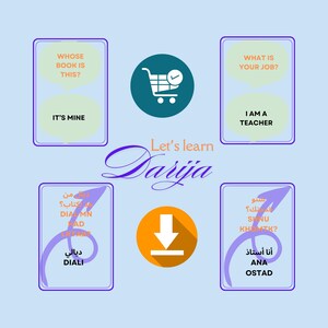 Peut inclure: Une infographie colorée avec le texte "Let's learn Darija" en police violette et orange. L'infographie présente quatre cartes avec des questions et des réponses en anglais et en darija, une icône de panier d'achat et une icône de flèche de téléchargement.