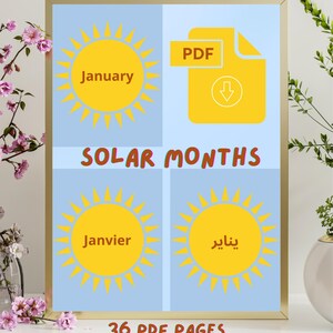 Peut inclure: Une affiche encadrée avec un cadre doré présente un fond bleu clair avec des illustrations de soleil jaune et du texte. Le mot "Janvier" est écrit dans le soleil. Le texte "SOLAR MONTHS" et "36 PDF PAGES" sont également affichés.