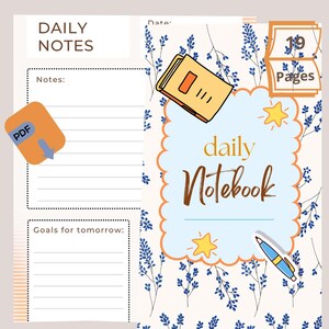 Peut inclure: Un carnet quotidien numérique avec un motif floral. La couverture présente les mots "daily Notebook" en écriture cursive, avec une bordure en forme de nuage bleu clair. Le carnet contient 19 pages et comprend des sections pour les notes et les objectifs.