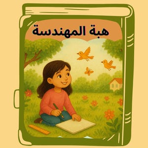 Peut inclure: Couverture de livre pour enfants avec titre en arabe. L'illustration montre une fille dessinant dans un champ avec des oiseaux et des papillons. Le livre est encadré en vert.