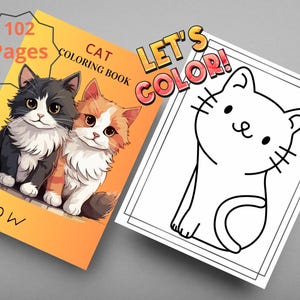 Peut inclure: Un livre de coloriage pour chats avec 102 pages et le mot "meow" sur la couverture, avec des illustrations de deux chats. À côté, une page à colorier avec un contour de chat et les mots "Let's Color!"