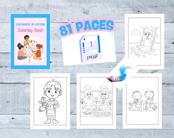 Könnte beinhalten: Ein Schwarzweiß-Malbuch mit 81 Seiten mit Illustrationen von spielenden Kindern. Der Einband des Buches lautet "Childhood in Action Coloring Book".