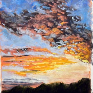 Sunset/Sunrise art, bright colors over mountain, Original pastel painting 8x10, wall/room art, home decor