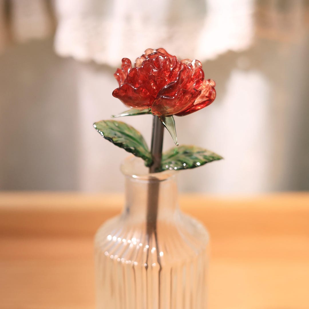 Red Glass Rose Flower, Stained Glass Birth Flower,handmade Blown Rose ...