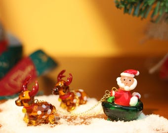 Handmade Blown Glass Christmas Santa & Elk Set,  Molten Glass Figurine, Small Miniature Glass Tree,Christmas Miniature Decoration