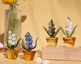 Handmade Blown Glass Lily of the Valley Flower,Molten Glass Figurine, Mini Glass Plants,Glass Potted Plants, Home Deocr, Birthday Gift