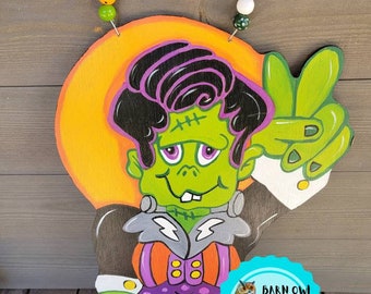 Frankie door hanger, Halloween door hanger,  Halloween door Hanger. Frank with Halloween bucket door hanger