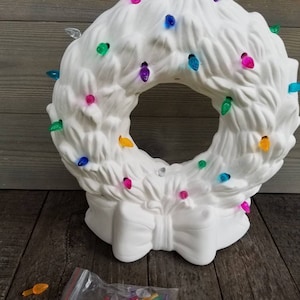 Christmas Ceramic wreath UNPAINTED with light kit and multi colored mini lights, Ceramic Christmas Wreath with lights and mini lights