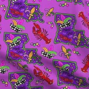 Louisiana Crawfish Fabric, Mardi Gras Cotton Poplin