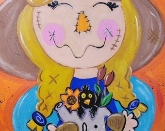 Handpainted Scarecrow Girl Wooden Door Hanger, Fall Decor