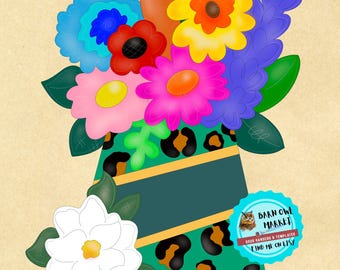 Plantilla de jarrón con flores de magnolia y estampado de guepardo, plantilla de flores para el Día de la Madre, diseño de flores de primavera (PDF)