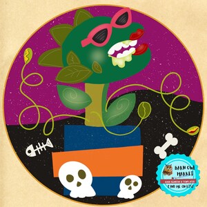 May include: A green plant with a toothy mouth and sunglasses is in a pot with a black, orange, and blue design. The plant has a vine that wraps around the pot. There are two white skulls on the pot and a bone on the ground. The background is a dark purple with white speckles. The text on the sticker says "Barn Owl Market" and "Find me on Etsy".