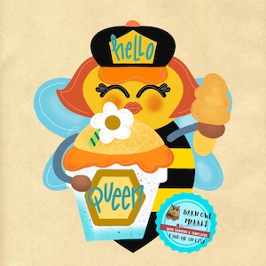 Könnte beinhalten: Cartoon-Illustration einer Biene mit schwarzem Hut und dem Wort "hello", die einen Cupcake mit dem Wort "queen" hält. Die Biene hält auch ein Eis. Der Hintergrund ist hellgelb.