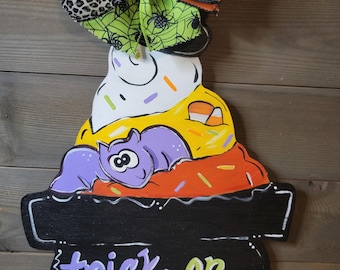 Handpainted Halloween Witch Cauldron Door Hanger, Bat and Candy Corn