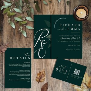 Minimalist Green Wedding Invitation Bundle, Editable Menu Card, Modern Wedding Set, Qr Code RSVP,Elegant Wedding Stationery,Instant Download