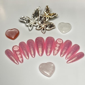 Pink White Heart Encapsulated Glitter -  Luxury Press On Nails - Reusable Nails - Fake Nails - Handmade Gift  - Salon Quality Nails