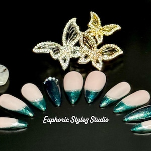 Emerald Green French Tip Nails - Luxury Reusable Press-On Nails - Handmade Fake Nails - Salon Quality Gift