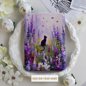 Étui pour Kindle avec fleurs et chat violets Étui Kindle personnalisé avec réveil/sommeil automatique pour Kindle 2022/2024, Paperwhite 1/2/3/4, Kindle Colorsoft Cover