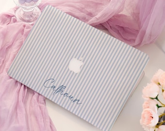 Blue Striped MacBook Case, Preppy Laptop Cover, Minimal Protective Hard Shell for MacBook Air Pro 13 14 15 16 Inch, Cute Gift for Her