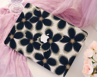 Floral MacBook Case, Elegant Botanical Laptop Cover, Dark Blue Flower MacBook Air Pro 15 16, Chic Minimalist Aesthetic A3401 2026 Case