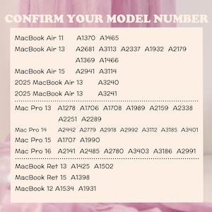 May include: A chart with the text "CONFIRM YOUR MODEL NUMBER" lists model numbers for various MacBook Air and Pro models. The chart includes model numbers for MacBook Air 11, 13, and 15, and Mac Pro 13, 14, 15, and 16.