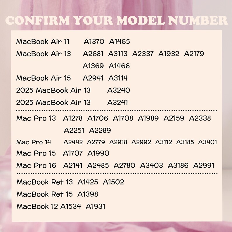 May include: A chart with the text "CONFIRM YOUR MODEL NUMBER" lists model numbers for various MacBook Air and Pro models. The chart includes model numbers for MacBook Air 11, 13, and 15, and Mac Pro 13, 14, 15, and 16.