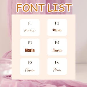 May include: A graphic with the text "FONT LIST" in orange. The list displays six font samples, each labeled F1 through F6, with the name "Maria" in different font styles. The background is a soft pink.