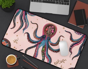 Whimsical Octopus Desk Mat, Ocean-Inspired Workspace Decor, Nautical Desk Accessory, Gifts for Sea Lovers, Home Office Essentials