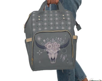 Boho Western Cow Skull Backpack, Floral Multi-Purpose Bag, Grey Stars, Baby Shower Gift, Nursery Organizer, Travel Tote, Bohemian Mom