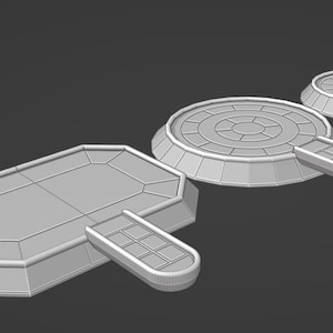 May include: A 3D-rendered image showcases three geometric platforms. The platforms are light gray, with a polygonal, rectangular base and two circular platforms with handles. The platforms have a futuristic, architectural design.