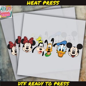 May include: A digital transfer design featuring the faces of Mickey Mouse, Minnie Mouse, Goofy, Pluto, Donald Duck, and Daisy Duck. The design is ready to be pressed onto a t-shirt or other fabric.