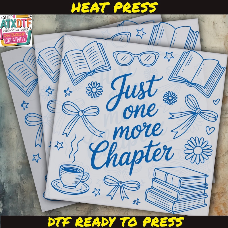 The image is a digital art piece featuring a book with the text "Just one more chapter" and various illustrations such as glasses, flowers, and books.