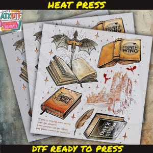 May include: A set of five digital designs featuring book covers with illustrations of a dragon, a castle, and a feather pen. The designs are ready to be printed using a heat press. The text on the covers reads "Iron Flame", "Fourth Wing", "Fourth Wing", "Onyx Storm", and "There is nothing more sacred than the Archives. Even temples can be rebuilt, but books cannot be rewritten."