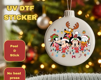 Calcomanías UV DTF para adornos navideños de Mickey y sus amigos, pegatinas redondas UVDTF para adornos navideños