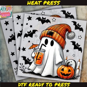 two halloween cards with a ghost holding a drink