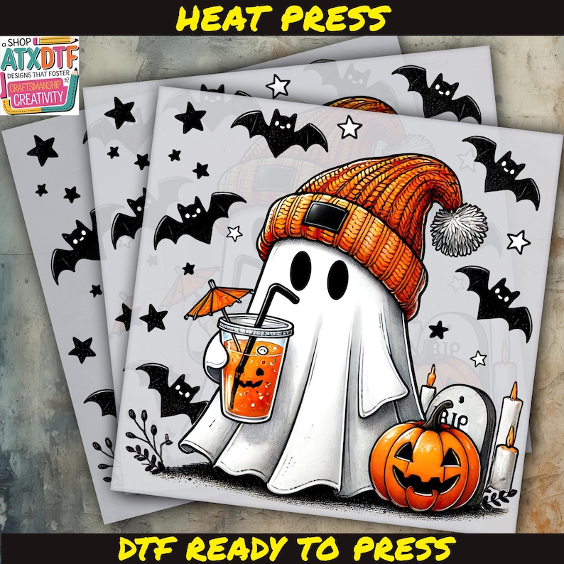 two halloween cards with a ghost holding a drink
