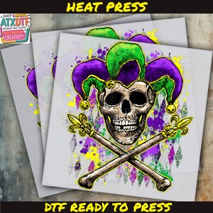 Mardi Gras Skull DTF Transfer, Mardi Gras DTF, Iron on Decal, Ready to Press DTF Transfer, Direct to Film Transfer