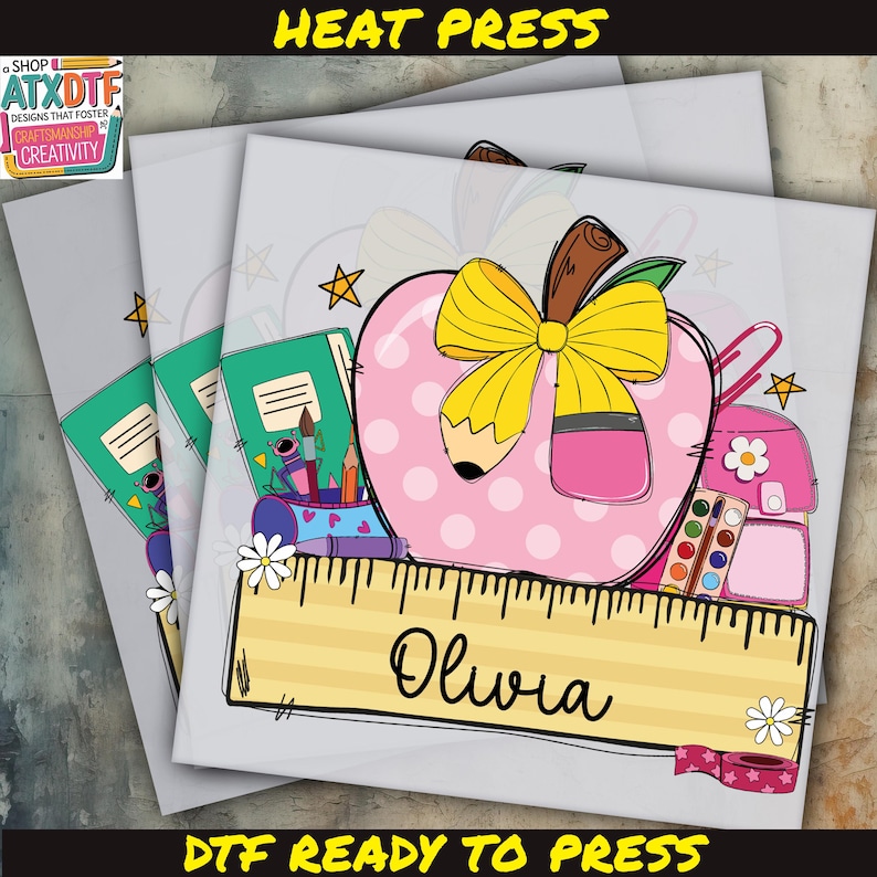 The image is a collage of three images, each featuring a pink apple with a yellow bow and various school supplies, including a ruler and a backpack. The name "Olivia" is written on the ruler, and the text "DFF READY TO PRESS" is displayed at the bottom of the image.