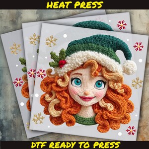 May include: DTF ready to press heat transfer featuring a cartoon illustration of a girl with red hair, blue eyes, and a green and white winter hat. The design includes snowflakes and the words "HEAT PRESS" and "DTF READY TO PRESS".