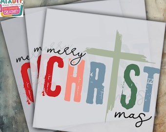 May include: A white background with the words "merry CHRISTmas" in colorful, distressed lettering. A green, gray, and white cross is behind the text. The words "HEAT PRESS" and "DTF READY TO PRESS" are at the top and bottom of the image.