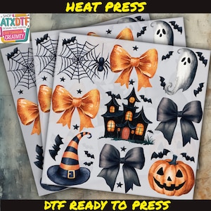 May include: Heat press DTF transfers featuring Halloween-themed designs. Includes orange bows, a haunted house, a witch's hat, a jack-o'-lantern, ghosts, bats, spiderwebs, and stars. The text "HEAT PRESS" and "DTF READY TO PRESS" are visible.