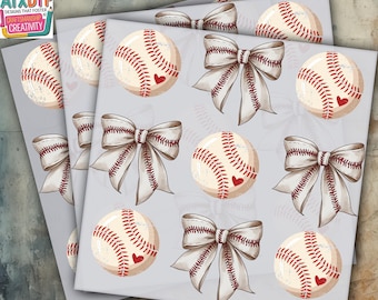 May include: A digital design sheet featuring a repeating pattern of baseballs and bows. The baseballs are white with red stitching and a small red heart. The bows are white with red stitching. The text "HEAT PRESS" and "DTG READY TO PRESS" is included in the design.