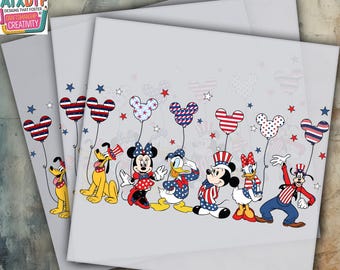 May include: DTF Ready to Press heat transfer sheets featuring a patriotic design with Disney characters. The design includes Mickey Mouse, Minnie Mouse, Donald Duck, Daisy Duck, Pluto, and Goofy, with Mickey Mouse-shaped balloons in red, white, and blue.