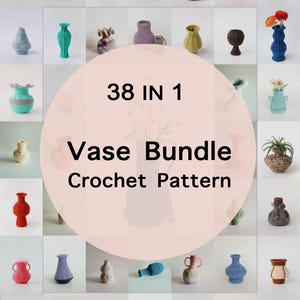 Może przedstawiać: Kolekcja 38 małych, kolorowych szydełkowych wazonów ułożonych w siatkę. Centralny tekst brzmi 38 IN 1 Vase Bundle Crochet Pattern. Każdy wazon ma unikalny kształt, fakturę i kolor, w tym odcienie czerwieni, błękitu, zieleni i beżu.
