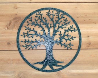 Round Tree of Life Metal Wall Art Green Hammertone