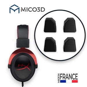 May include: A black and red gaming headset with a headband featuring red stitching, paired with four black, trapezoidal-shaped plastic components arranged in a circle. The image includes the text MICO3D and MADE IN FRANCE with a French flag icon.