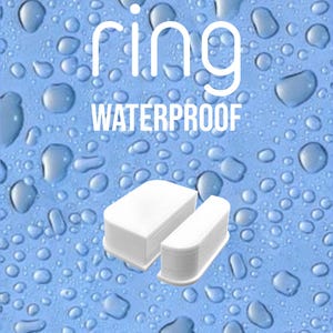 May include: Two white rectangular objects with rounded edges sit on a light blue background with water droplets. The word "ring" is written in white above the word "WATERPROOF".